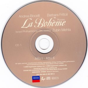 PUCCINI / ANDREA BOCELLI & BARBARA FRITTOLI & ISRAEL PHILHARMONIC ORCHESTRA ZUBIN MEHTA - LA BOHEME - Imagen 2